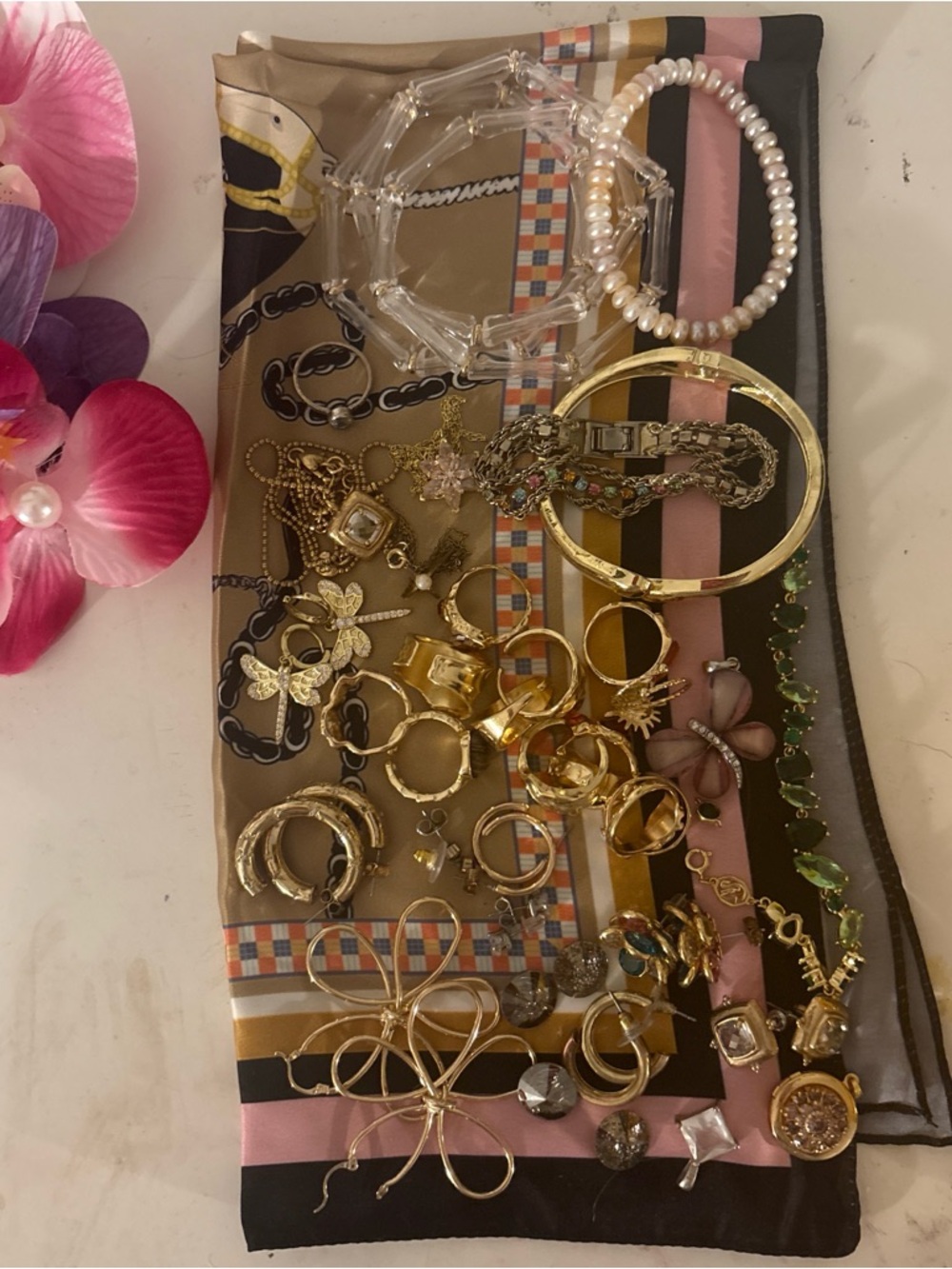 Silk Patterned Scarf with Gold and Pink Accents